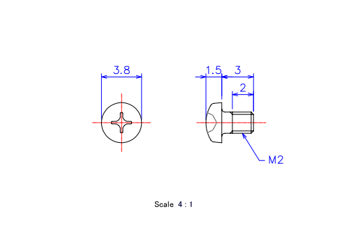 Drawing of Pan head ceramic screw M2x3L Metric.