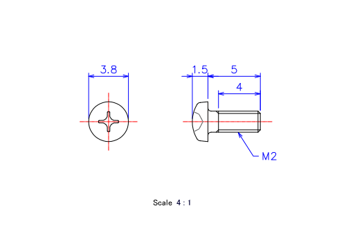 Drawing of Pan head ceramic screw M2x5L Metric.