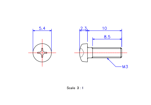 Drawing of Pan head ceramic screw M3x10L Metric.