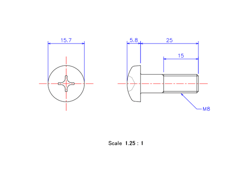 Drawing of Pan head ceramic screw M8x25L Metric.