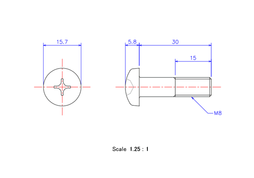 Drawing of Pan head ceramic screw M8x30L Metric.