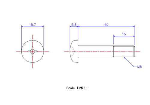 Drawing of Pan head ceramic screw M8x40L Metric.