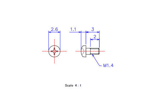 Drawing of Pan head ceramic screw M1.4x3L Metric.