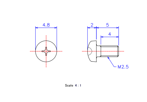 Drawing of Pan head ceramic screw M2.5x5L Metric.