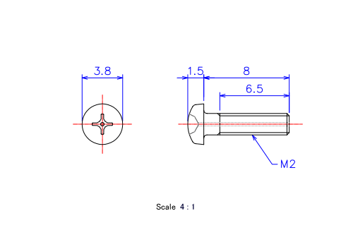 Drawing of Pan head gas hole ceramic screw M2x8L Metric.