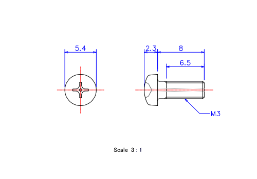 Drawing of Pan head gas hole ceramic screw M3x8L Metric.