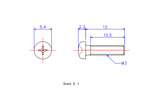 Drawing of Pan head gas hole ceramic screw M3x12L Metric.