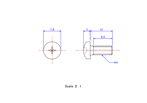 Drawing of Pan head gas hole ceramic screw M4x10L Metric.