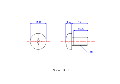 Drawing of Pan head gas hole ceramic screw M6x12L Metric.