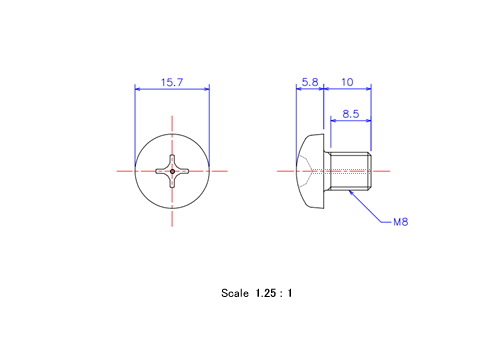 Drawing of Pan head gas hole ceramic screw M8x10L Metric.