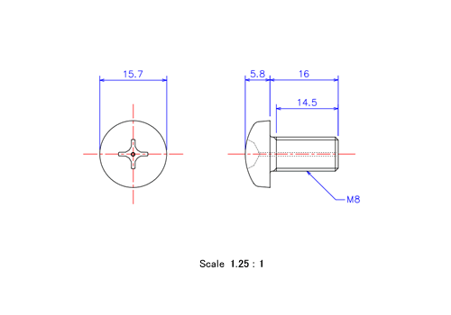 Drawing of Pan head gas hole ceramic screw M8x16L Metric.