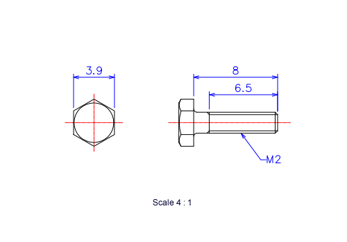 Drawing of Hexagon head ceramic screw (Hexagon bolt) M2x8L Metric.