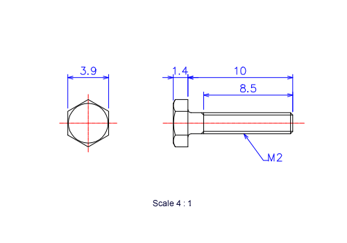 Drawing of Hexagon head ceramic screw (Hexagon bolt) M2x10L Metric.