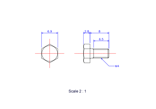 Drawing of Hexagon head ceramic screw (Hexagon bolt) M4x8L Metric.