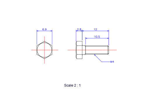 Drawing of Hexagon head ceramic screw (Hexagon bolt) M4x12L Metric.
