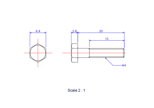 Drawing of Hexagon head ceramic screw (Hexagon bolt) M4x20L Metric.