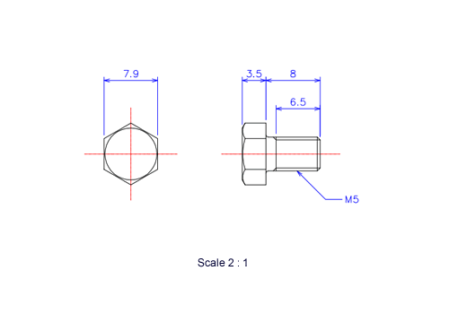Drawing of Hexagon head ceramic screw (Hexagon bolt) M5x8L Metric.