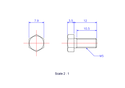 Drawing of Hexagon head ceramic screw (Hexagon bolt) M5x12L Metric.