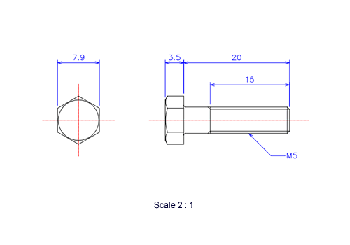 Drawing of Hexagon head ceramic screw (Hexagon bolt) M5x20L Metric.