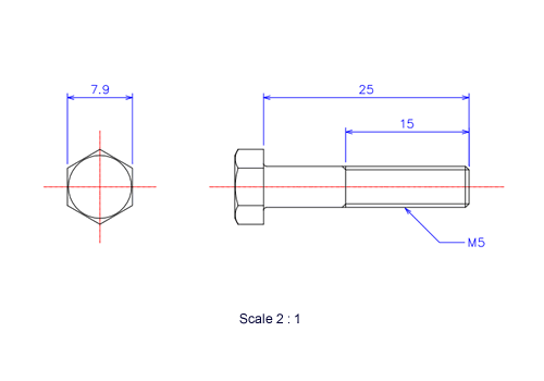 Drawing of Hexagon head ceramic screw (Hexagon bolt) M5x25L Metric.