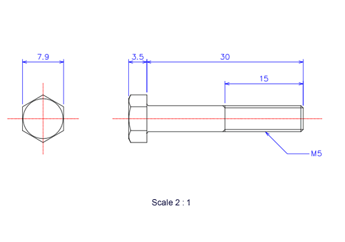 Drawing of Hexagon head ceramic screw (Hexagon bolt) M5x30L Metric.