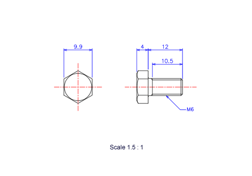 Drawing of Hexagon head ceramic screw (Hexagon bolt) M6x12L Metric.