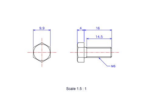 Drawing of Hexagon head ceramic screw (Hexagon bolt) M6x16L Metric.