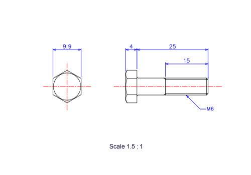 Drawing of Hexagon head ceramic screw (Hexagon bolt) M6x25L Metric.