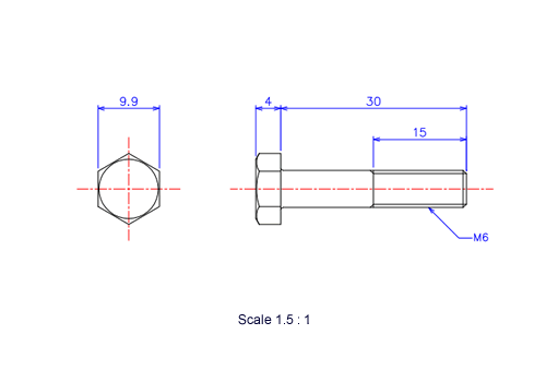 Drawing of Hexagon head ceramic screw (Hexagon bolt) M6x30L Metric.