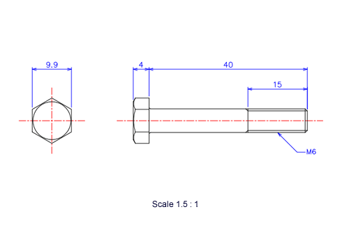 Drawing of Hexagon head ceramic screw (Hexagon bolt) M6x40L Metric.
