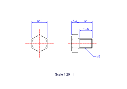 Drawing of Hexagon head ceramic screw (Hexagon bolt) M8x12L Metric.