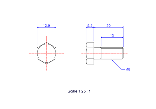 Drawing of Hexagon head ceramic screw (Hexagon bolt) M8x20L Metric.