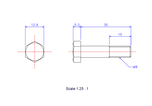 Drawing of Hexagon head ceramic screw (Hexagon bolt) M8x35L Metric.