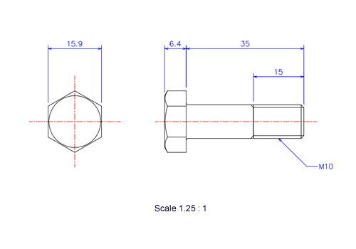 Drawing of Hexagon head ceramic screw (Hexagon bolt) M10x35L Metric.