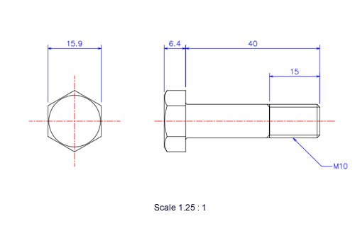 Drawing of Hexagon head ceramic screw (Hexagon bolt) M10x40L Metric.