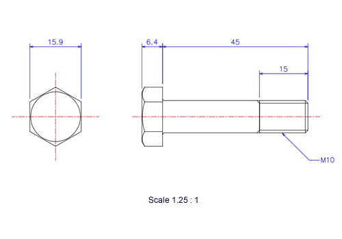 Drawing of Hexagon head ceramic screw (Hexagon bolt) M10x45L Metric.