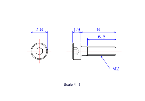 Drawing of Hexagon Socket head ceramic screw (Cap bolt) M2x8L Metric.