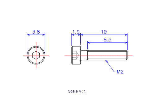 Drawing of Hexagon Socket head ceramic screw (Cap bolt) M2x10L Metric.