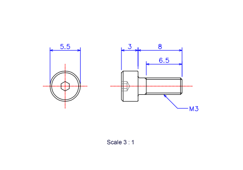 Drawing of Hexagon Socket head ceramic screw (Cap bolt) M3x8L Metric.