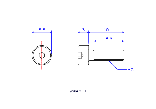 Drawing of Hexagon Socket head ceramic screw (Cap bolt) M3x10L Metric.