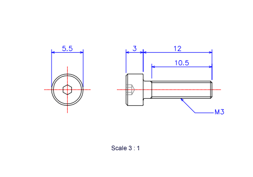Drawing of Hexagon Socket head ceramic screw (Cap bolt) M3x12L Metric.