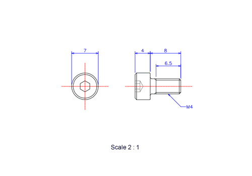 Drawing of Hexagon Socket head ceramic screw (Cap bolt) M4x8L Metric.