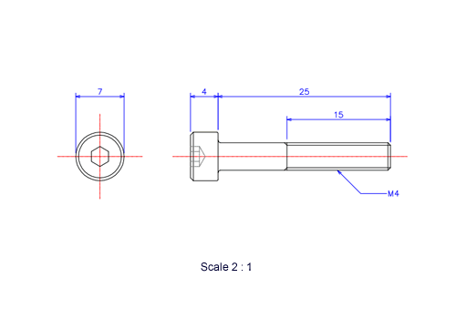 Drawing of Hexagon Socket head ceramic screw (Cap bolt) M4x25L Metric.