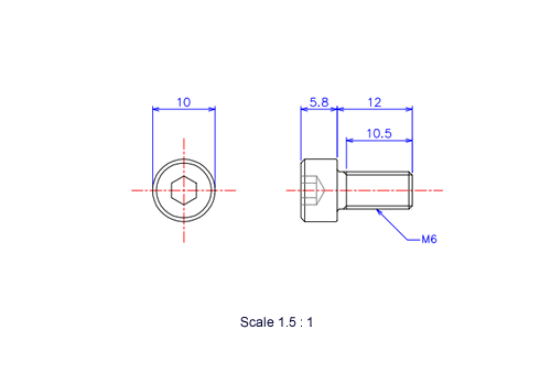Drawing of Hexagon Socket head ceramic screw (Cap bolt) M6x12L Metric.