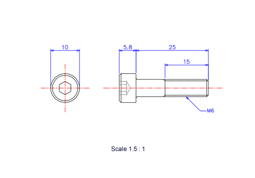 Drawing of Hexagon Socket head ceramic screw (Cap bolt) M6x25L Metric.