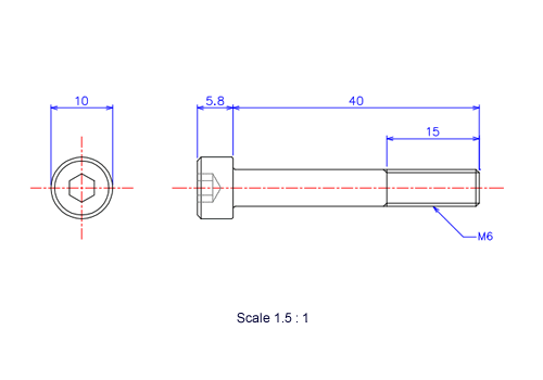Drawing of Hexagon Socket head ceramic screw (Cap bolt) M6x40L Metric.