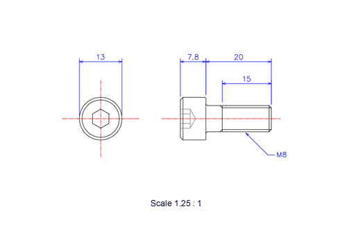 Drawing of Hexagon Socket head ceramic screw (Cap bolt) M8x20L Metric.