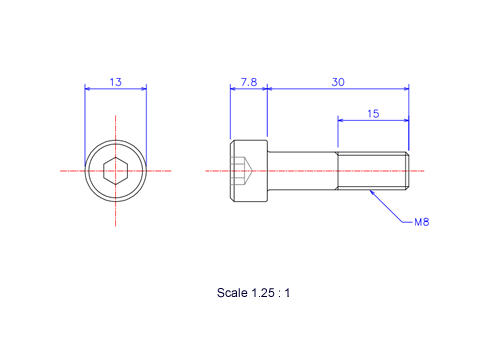 Drawing of Hexagon Socket head ceramic screw (Cap bolt) M8x30L Metric.