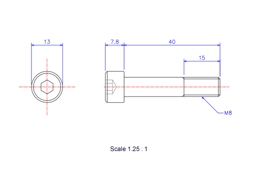 Drawing of Hexagon Socket head ceramic screw (Cap bolt) M8x40L Metric.