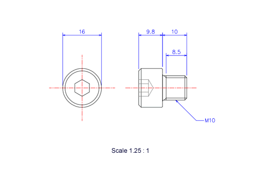 Drawing of Hexagon Socket head ceramic screw (Cap bolt) M10x10L Metric.